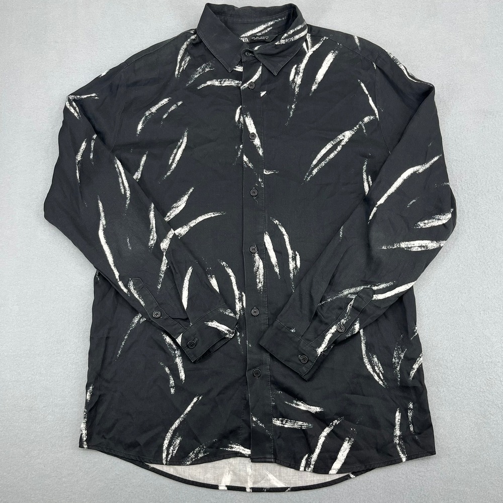 Zara Man Black White‎ Abstract Brushstroke Print Viscose Button Down Shirt Small